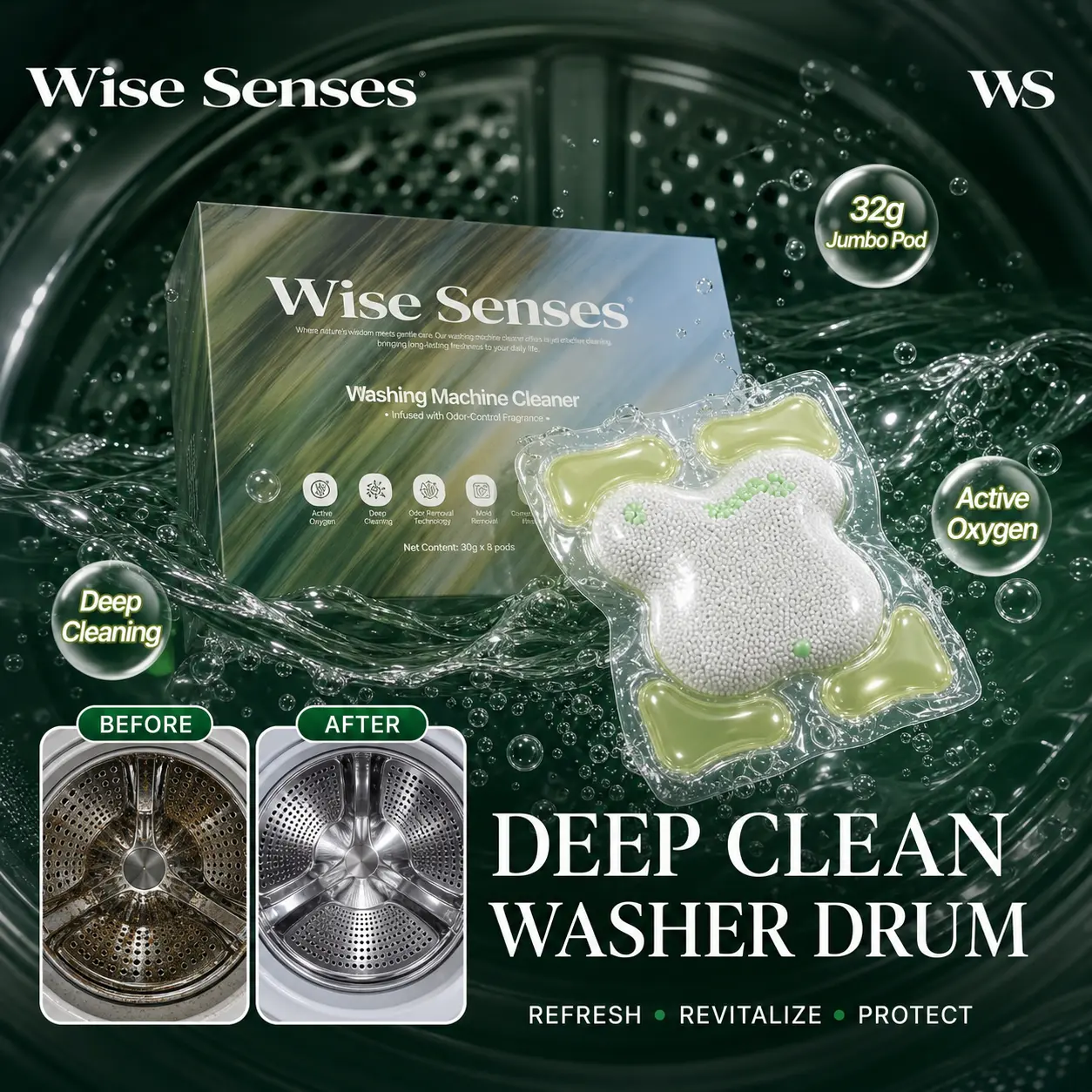 Wise Senses 32g Jumbo Washing Machine Cleaner Pods, 8 Count, 2-in-1 Deep Clean & Deodorizing Washer Cleaner, Helps Remove Pet Hair Residue, Musty Odor & Grime, Scented Descaler for All Washer Types Household daily home use