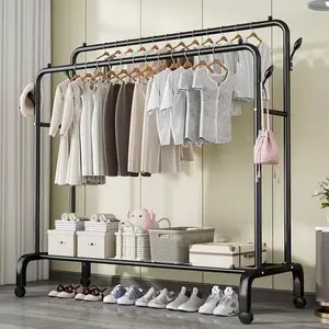 Rack with wheels and double rods, a clothes hanger that can hold clothes, with 4 hooks, a multi-functional bedroom clothes hanger, black version