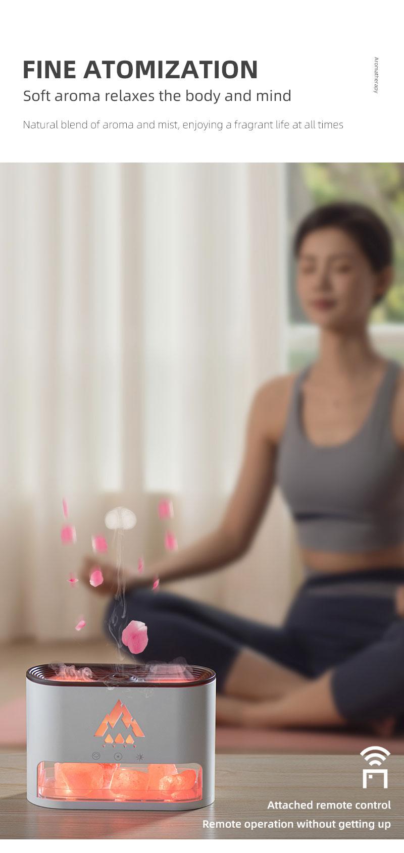 Flame Rock Aromatherapy Machine 250ml Essential Oil Diffuser with Simulated Flame & Jellyfish Mist Colorful LED Lighting Cool Mist Humidifier Timer Auto Off for Home Bedroom Office