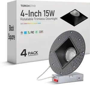 TORCHSTAR 5CCT Trimless 4 Inch 15W Square Gimbal LED Recessed Light, Ceiling Canless Dimmable LED Downlight, 2700K-5000K Selectable, Black (4 Pack)