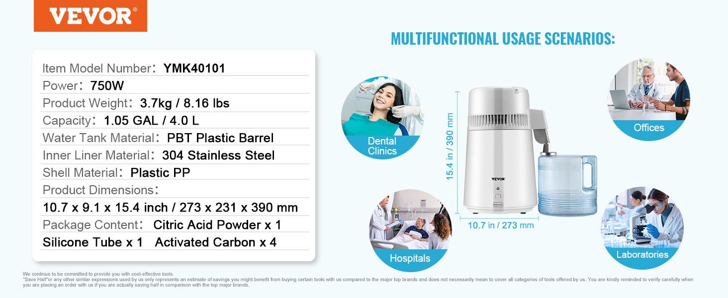 VEVOR 1.1 Gal Water Distiller, TikTokShopBlackFriday, 0.3Gal/H, 750W Distilled Water Machine, 4L Distilling Pure Water Machine w/Plastic Container, Water Distillation Kit w/Button, Countertop Distilled Water Maker for Home VEVOR 1.1 Gal Water Distiller, TikTokShopBlackFriday, 0.3Gal/H, 750W Distilled Water Machine, 4L Distilling Pure Water Machine w/Plastic Container, Water Distillation Kit w/Button, Countertop Distilled Water Maker for Home