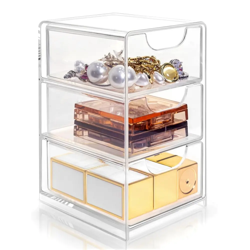 1pc Plastic Rectangular Simple Mini Drawer Organizer with 3 Drawers - Transparent Storage Box for Office Supplies, Makeup, Bathroom Essentials