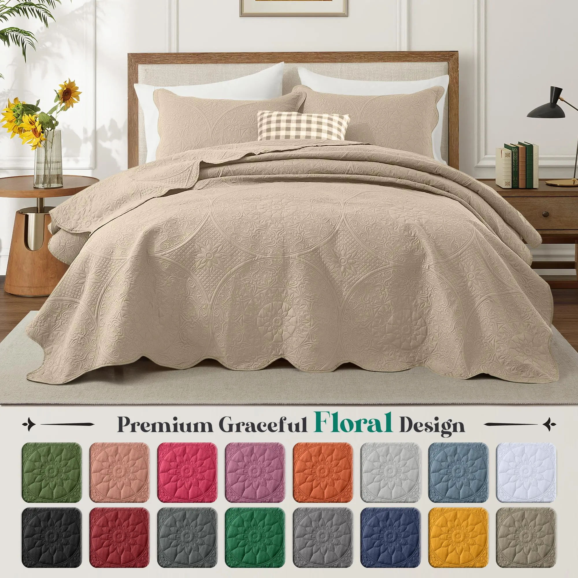 Imperial Homeware Floral Ultrasonic Quilted Bedspread Set – Lightweight Polyester Coverlet with Pillow Sham(s), Soft Breathable All-Season Bedding, Machine Washable, Twin/ Queen/ King