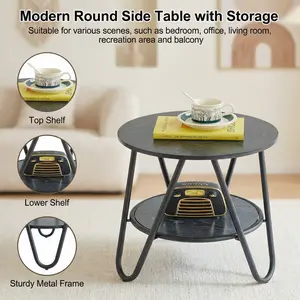 2Tier Round End Table with Rich Wood Texture and Robust Metal Frame 100kg Weight Capacity Side Table with Double Storage Shelf Spacious Tabletop AntiScratch Surface Floor Protectors Included Versatile Accent Table for Living Room Bedroom Office
