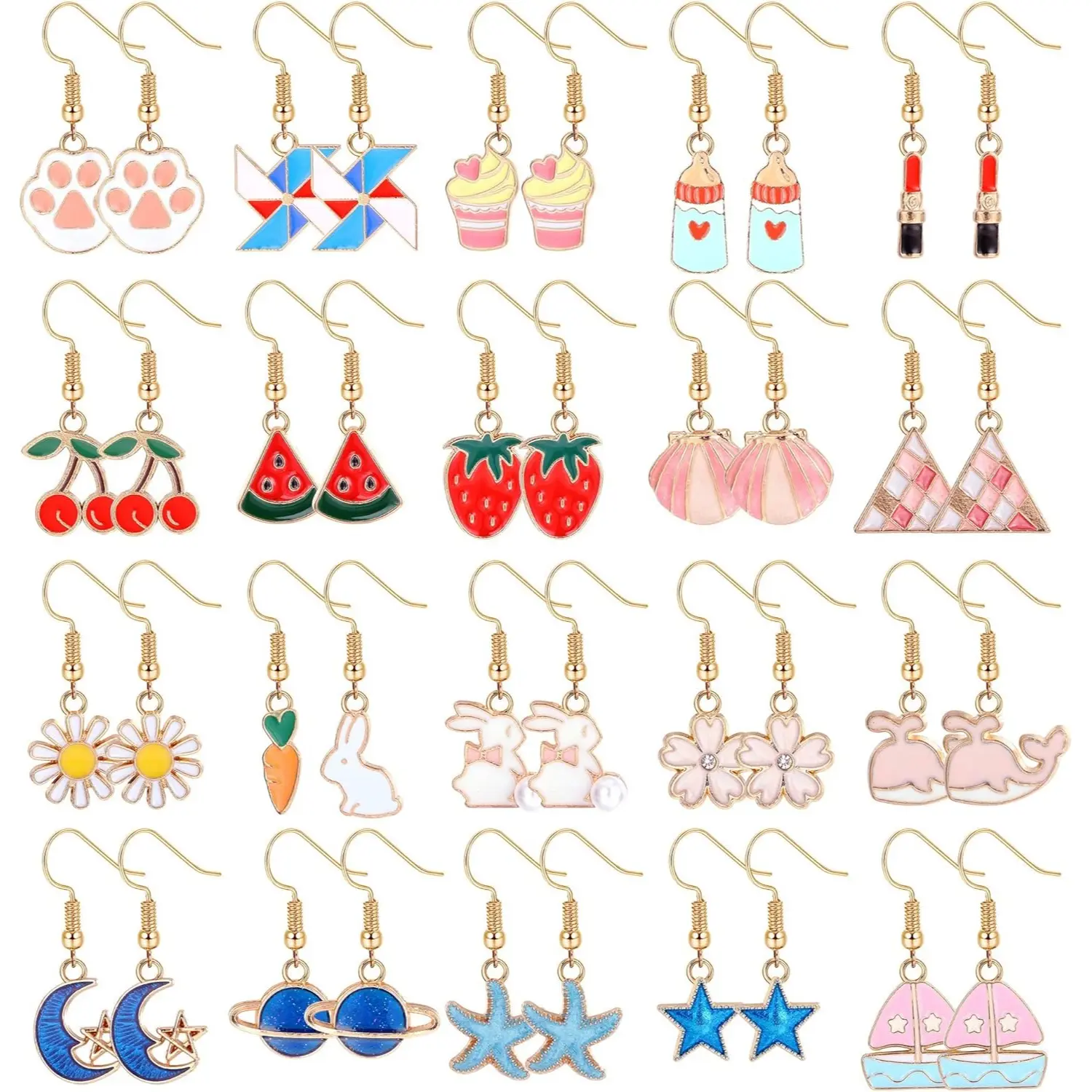 FUNRUN 20 Pairs Cute Drop Dangle Earrings Set for Girls & Women | Stainless Steel Hooks | Hypoallergenic Animal, Fruit, Moon & Star Earrings Pack | Lightweight Jewelry Gift for Sensitive Ears