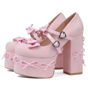 Platform Mary Jane Shoes for Women Cute Bow Buckle High Chunky Heel Cute Suede Dress Shoes Goth Pumps Shoes Uniform Oxfords Outdoor AOSPHIRAYLIAN design