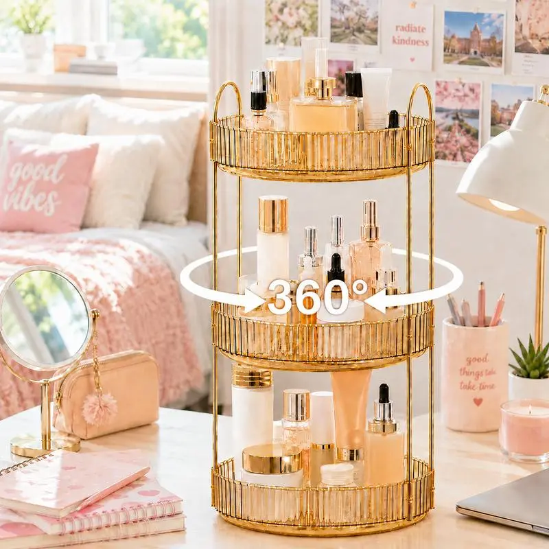 360-Degree Smooth Rotating Acrylic Makeup Organizer - Gold-3 Tier Metal-Supported Vanity Storage, Space-Saving Holder for Cosmetics, Lipsticks, Brushes, Cologne, Figures, Ideal for Dorm, Kitchen, Back to School Gift