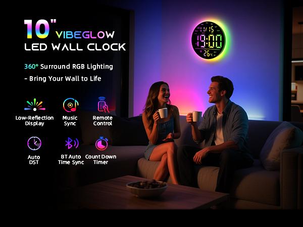 EASYERA 10" Large Round Digital Wall Clock with Remote Control, Music Sync, Circle clock with RGB Atmosphere Lights with 11 Scenes Mode, Dual Alarms with Big LED Display, Timer Clock for ADHD, Focus Tool, Classroom, Game Decor Home, Auto Dst Adjustment