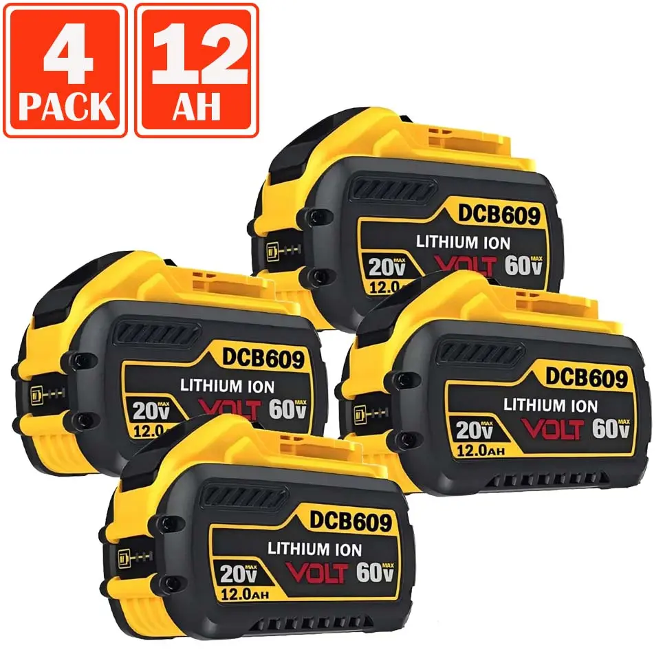 4-Pack 12000mAh High-Capacity Replacement Battery for Dewalt 20V/60V Max DCB606 DCB609 DCB612 DCB200 DCB206 DCB207 Series Power Tools, with Overcurrent, Short Circuit, Overtemp Protect, Safety Features, 4-Pack Backup to Keep Jobs Moving