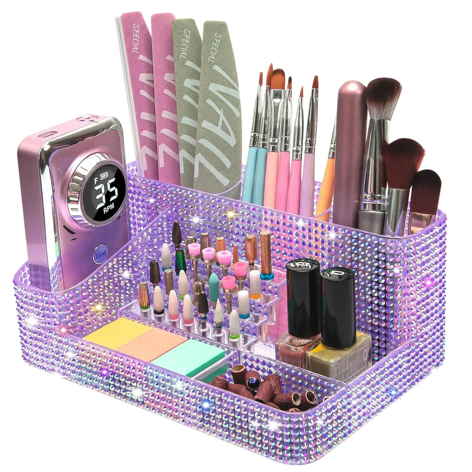 Flybok Modern Rectangle Sparkle Desk Glam Rhinestone Plastic Compartmentalized Organizer - 8.35x5.59in Organizer Storage, Space Saver Makeup Holder for Nail Techs, Ideal Gift for Girlfriends