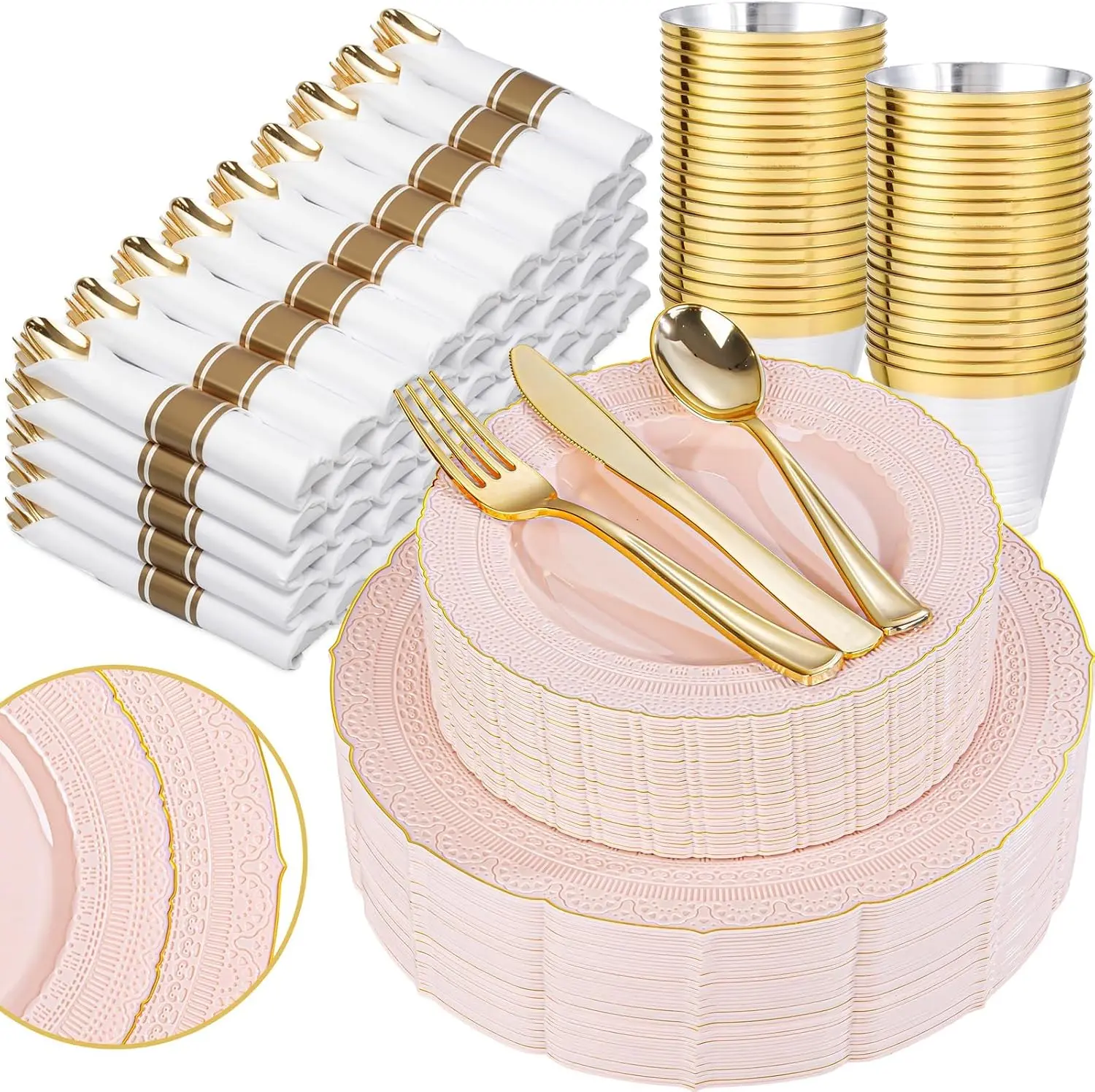 Nervure 350PCS Pink Plastic Plates - Pink Gold Plastic Dinnerware Set for 50 Guests - 100 Disposable Plates, 50 Pre Rolled Napkins with Cutlery Set, 50 Cups Perfect for Wedding & Party