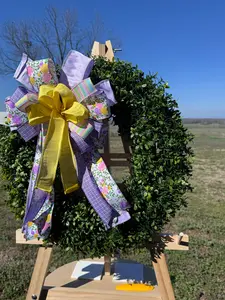 Spring Floral Wreath Bow | Purple & Yellow Easter Farmhouse Bow | Interchangeable Door Wreath Bow | (Wreath Not Included)