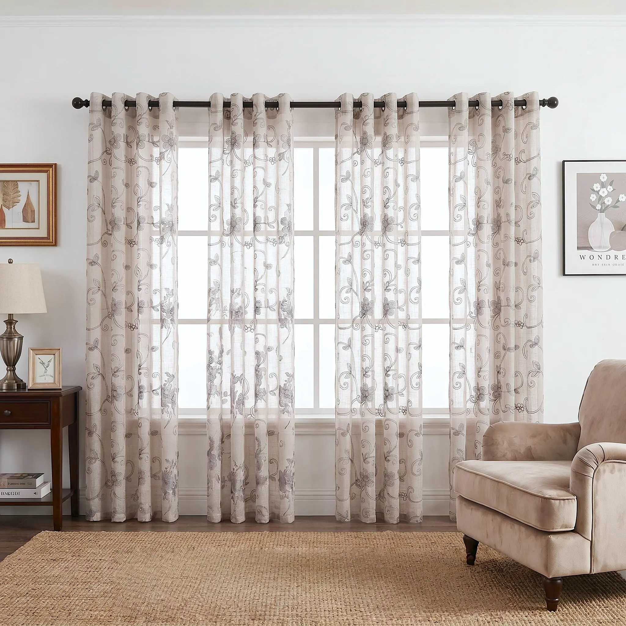 Curtain Vibes 4Pcs 52x90 inch Grommet Top Curtains, Premium Cross Linen Fabric with Exquisite Embroidery Craft, Elegant Vine Floral Pattern Window Drapes for Bedroom, Living Room and Home Decoration FT2988 sheer curtain silhouette