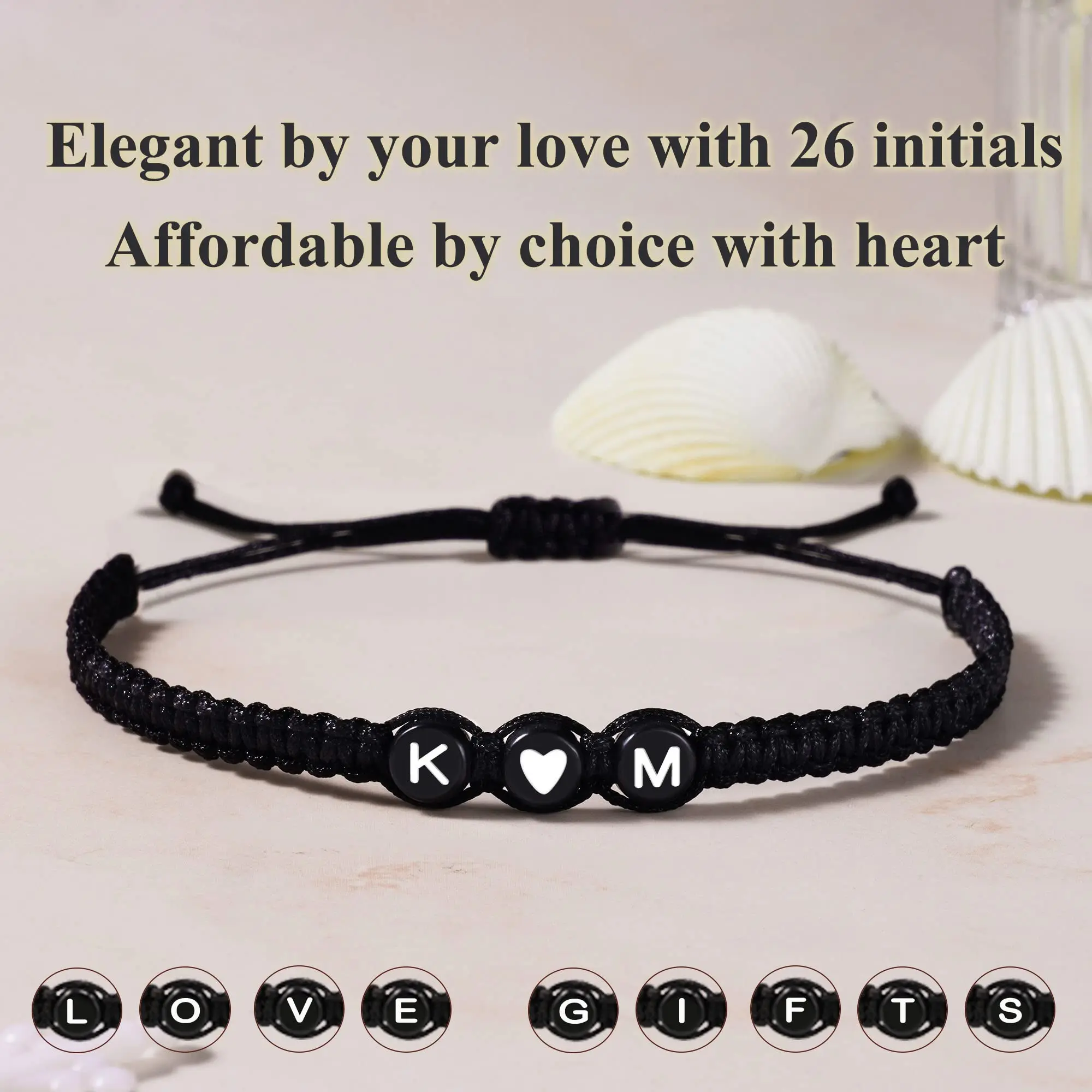 His and Hers Adjustable Initial Heart Bangle, Handmade Black Braided Rope Fashion Accessory, Personalized Costume Jewelry, Gifts for Girlfriend, Mom Birthday Gifts