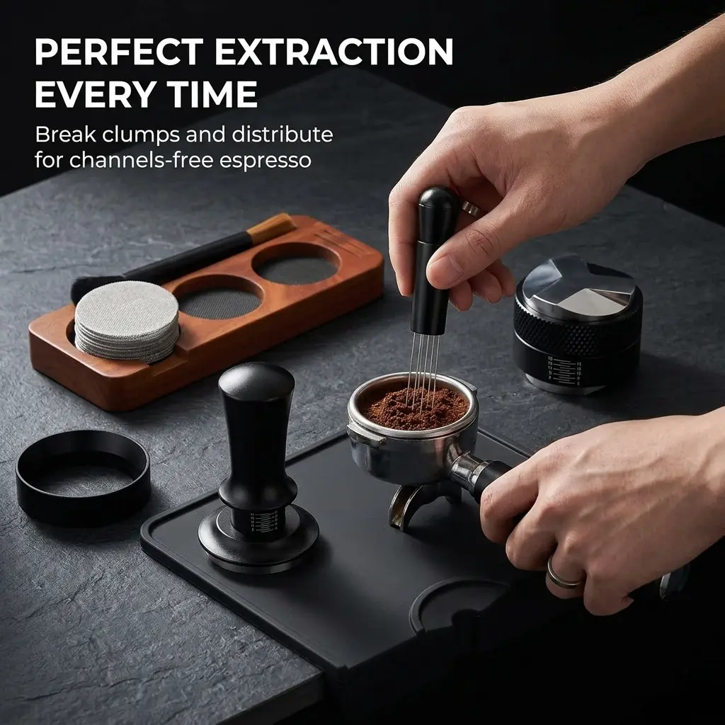51mm Coffee Espresso Puck Prep Kit, Including Station, 30 lb Tamper and Distributor