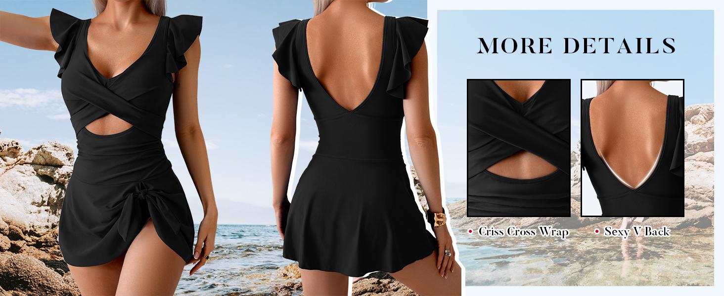 B2LOVER One Piece Swimdress Swimsuit for Women Tummy Control Ruffle Swim Dress Skirt V Neck Cutout Wrap Bathing Suit