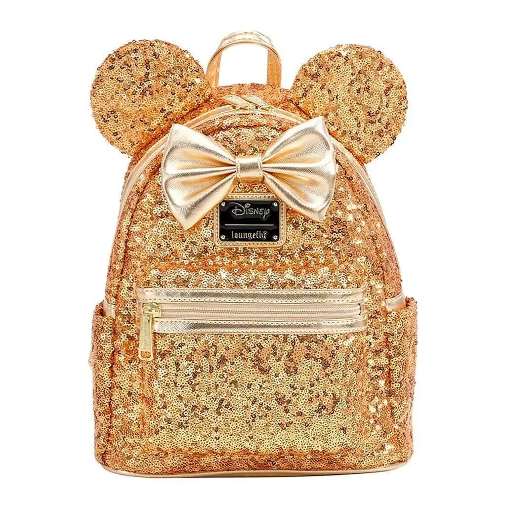 Loungefly Official Disney Minnie Mouse Faux Leather Mini Backpack - Yellow Gold Sequins, 3D Mouse Ears, Bow, for Casual Wear & Everyday Carry, Adjustable Strap, 9" W X 10.5" H X 4.5" D, Basic, Adults, Female, Lightweight, Zip, Cartoon Character, Graphic,,