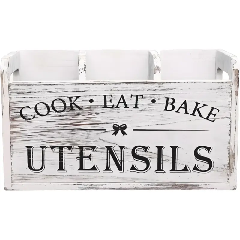 Extra Large Wooden Kitchen Utensil Holder - Farmhouse Rustic White Utensil Crock, Countertop Home Organizer for Cooking Tools Storage, Gift-Worthy Decoration with Wall-Mountable Boxes Compatibility, Smooth