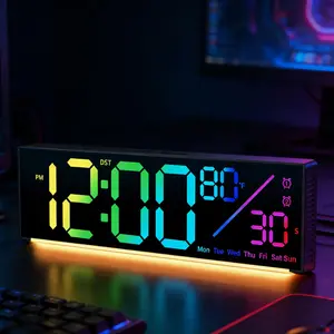 12" Digital Wall Clock with 11 RGB Colors Changing Remote Control LED Clocks Night Lights for Living Room Bedroom Office Classroom Decor Auto DST Multicolor