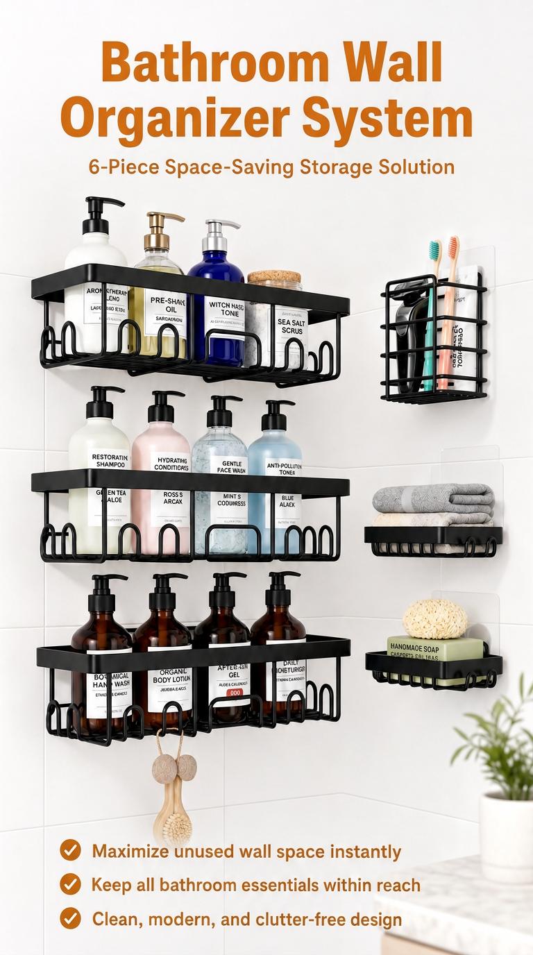Modern 6-Piece Compact Steel Shower Caddy Rack Set, Stick-On No-Drilling Bathroom Shelves with Soap Holder, Home Bathroom Storage Organizer Essentials Gadgets
