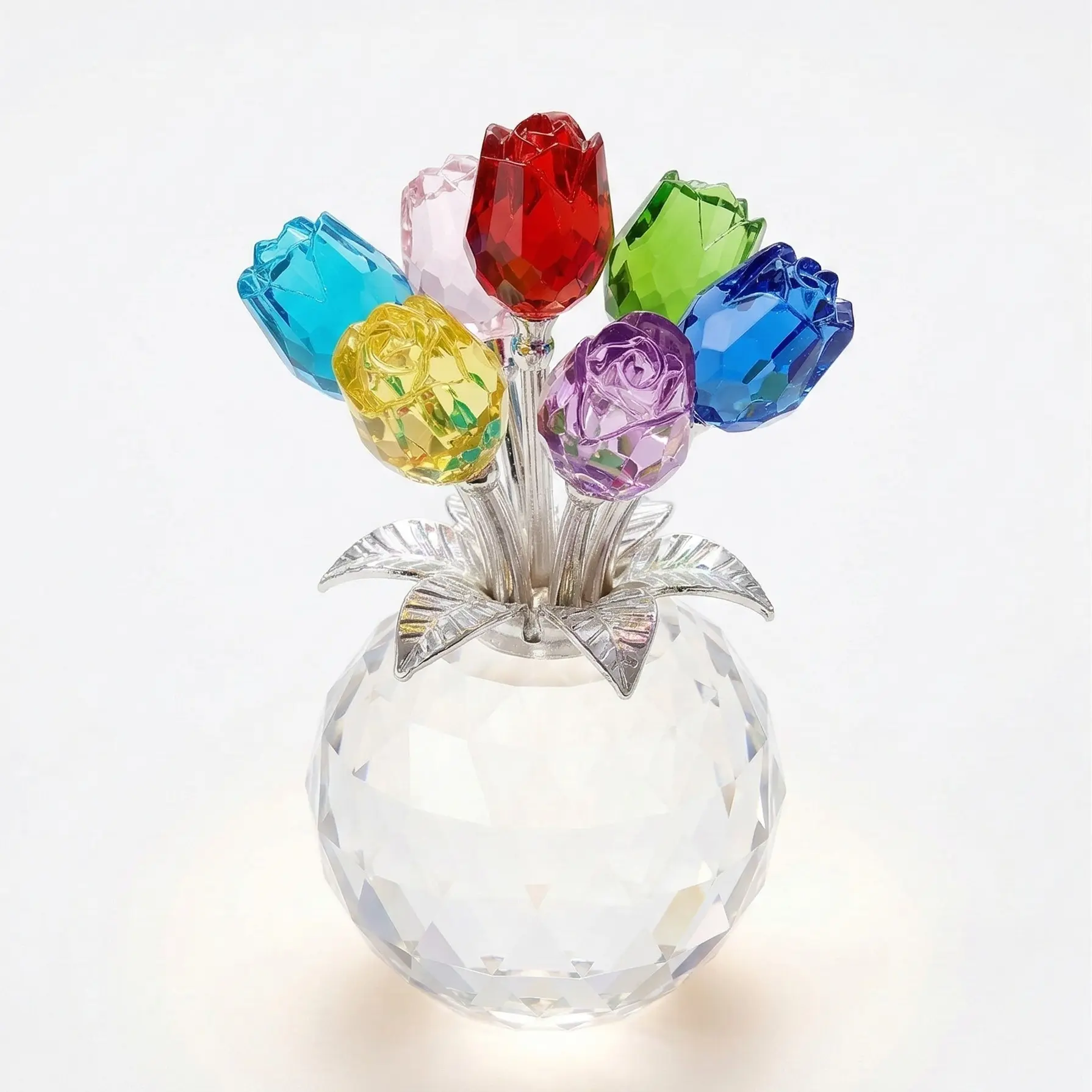 Colorful Eternal Rose Flower Crystal Figurine with Vase Bouquet Handmade Ornament for Wife Girlfriend Women Home Table Decor Wedding Anniversary Gift Decorative