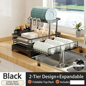 Foldable Over Sink Dish Drying Rack, Pull-Out 2 Tier Dish Drainer with Utensil Holder, Space Saving Kitchen Organizer for Small Kitchens