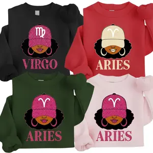 [Full 12 Zodiac] Zodiac Vibes Sweatshirt – Afro Woman Astrology Sign Pullover with Sparkly Hat Graphic, Unisex Horoscope Crewneck Gift for Aries, Virgo & Zodiac Lovers, Trendy Aesthetic Sweater