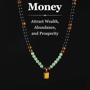 Money Attraction Green Aventurine & Tiger Eye Healing Crystal Necklace, Long Sweater Chain Pendant Jewelry for Abundance & Luck, Ideal Gift for Men Women