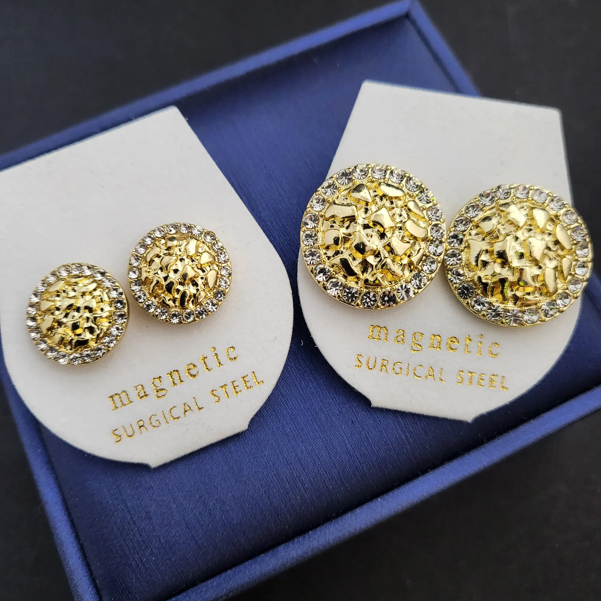 MaxBling81 Iced Out Gold Nugget Stud Earrings for Adults, Unisex Gold-Plated Alloy Hip-Hop Costume Jewelry, Magnetic Non-Piercing, Costume Earrings, Fashionable Earrings