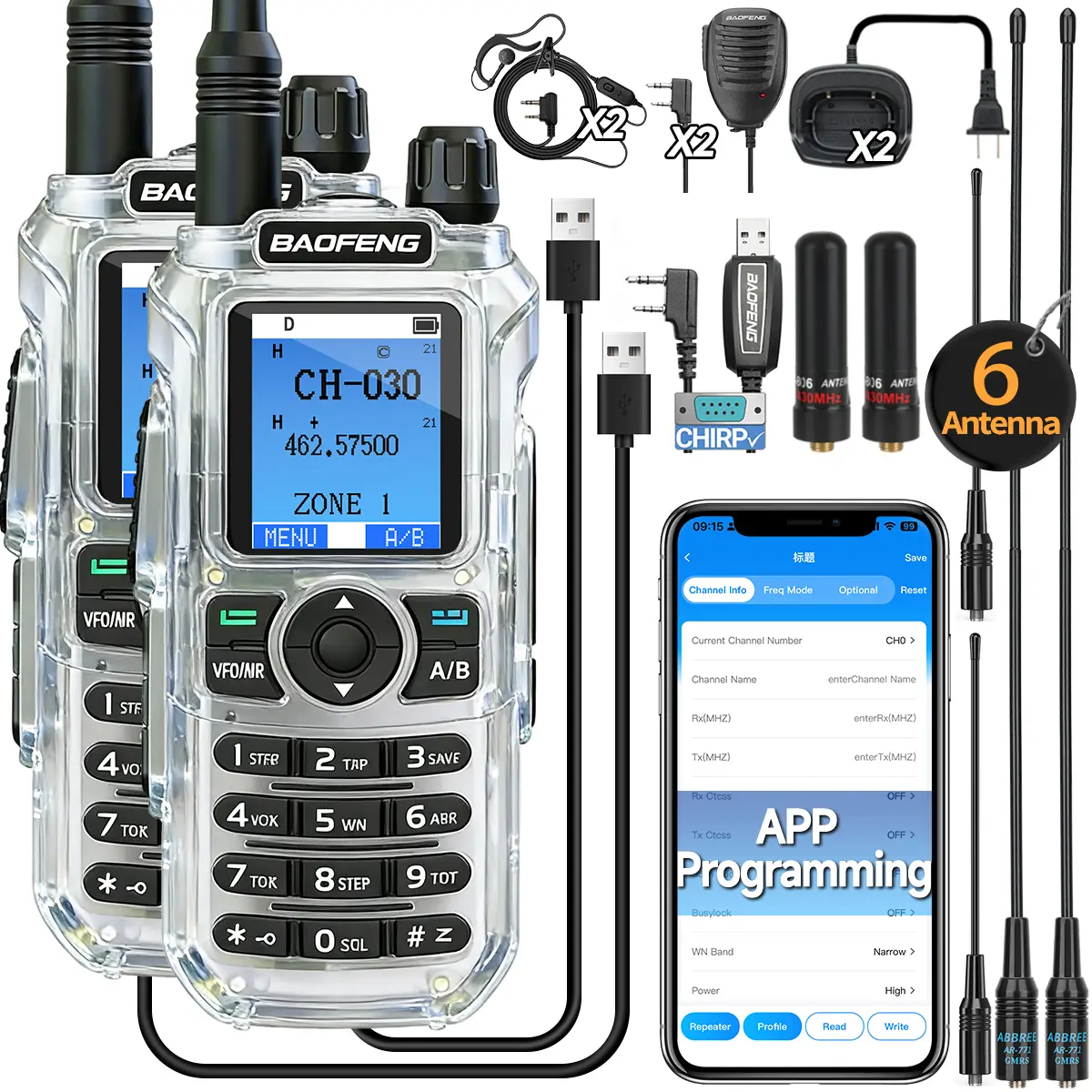 2 Pack BAOFENG GMRS Handheld Ham Radio Long Range GM21 Rechargeable Walkie Talkies with NOAA 999 Channels Two Way Radio for Survival Gear Hunting，Transparent