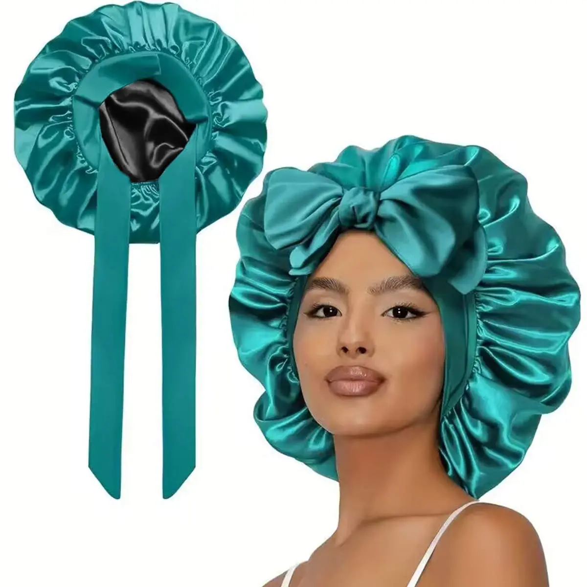 Double Layer Silk-Like Satin Hair Bonnet - Elastic Adjustable Tie Band Haircare Cap, Anti-Frizz for Curly Hair & Heatless Styling, Silk Like Bonnets, Overnight Curls, Overnight Styling Tool, Sleep Cap, Night Wear, Frizz Control, Heatless Styling Tools, El