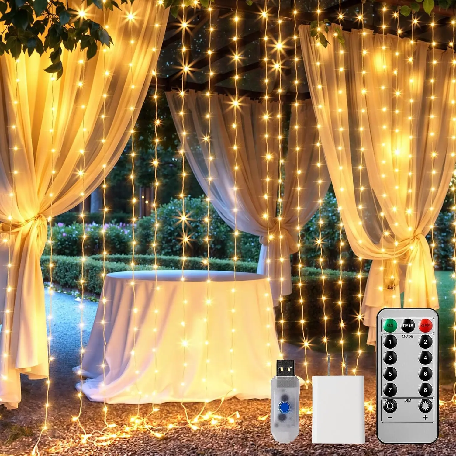 Brightown 300 LED Curtain Lights, 9.8 FT Plug in Fairy Lights for Bedroom, 8 Lighting Modes, Christmas Hanging Lights for Window Backdrop Wall Wedding Party Birthday Christmas Decoration, Warm White