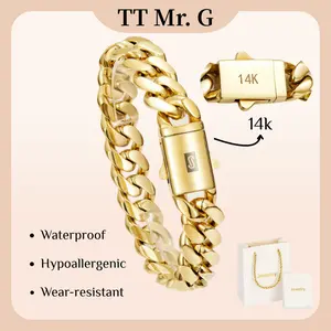 Chunky 14K Gold Plated Miami Cuban Link Bracelet for Men & Women, Thick Dense Chain 8–14mm, Smooth Box Clasp with New “S” Logo, Hypoallergenic Sweat-Resistant Hip Hop Streetwear Jewelry