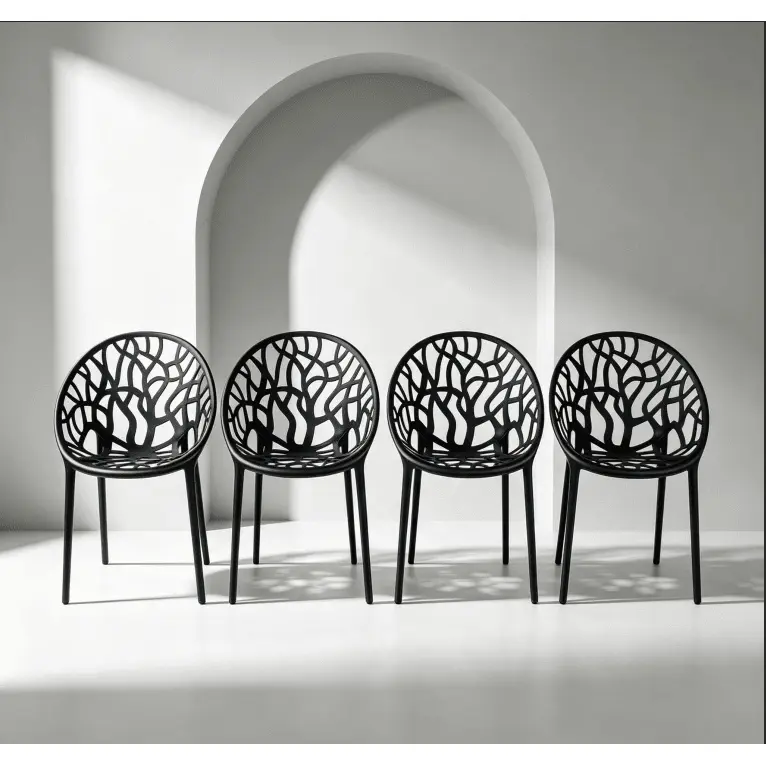 4PCS Modern Stackable Tree-Cut Black Plastic Dining Chairs - Waterproof Indoor/Outdoor Dining Room Furniture