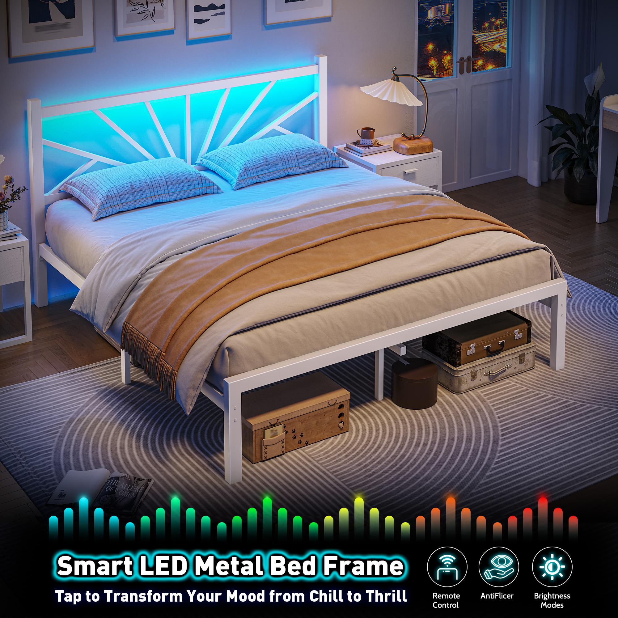 【880 lbs Capacity】Queen Size Metal Bed Frame with LED Lights,Sturdy Bed Frame with Headboard, NO MATTRESS Include,Under Bed Storage Space & Strong Metal Slats, Strong Metal Slats Support,Noise-Free, Easy Assembly,Black