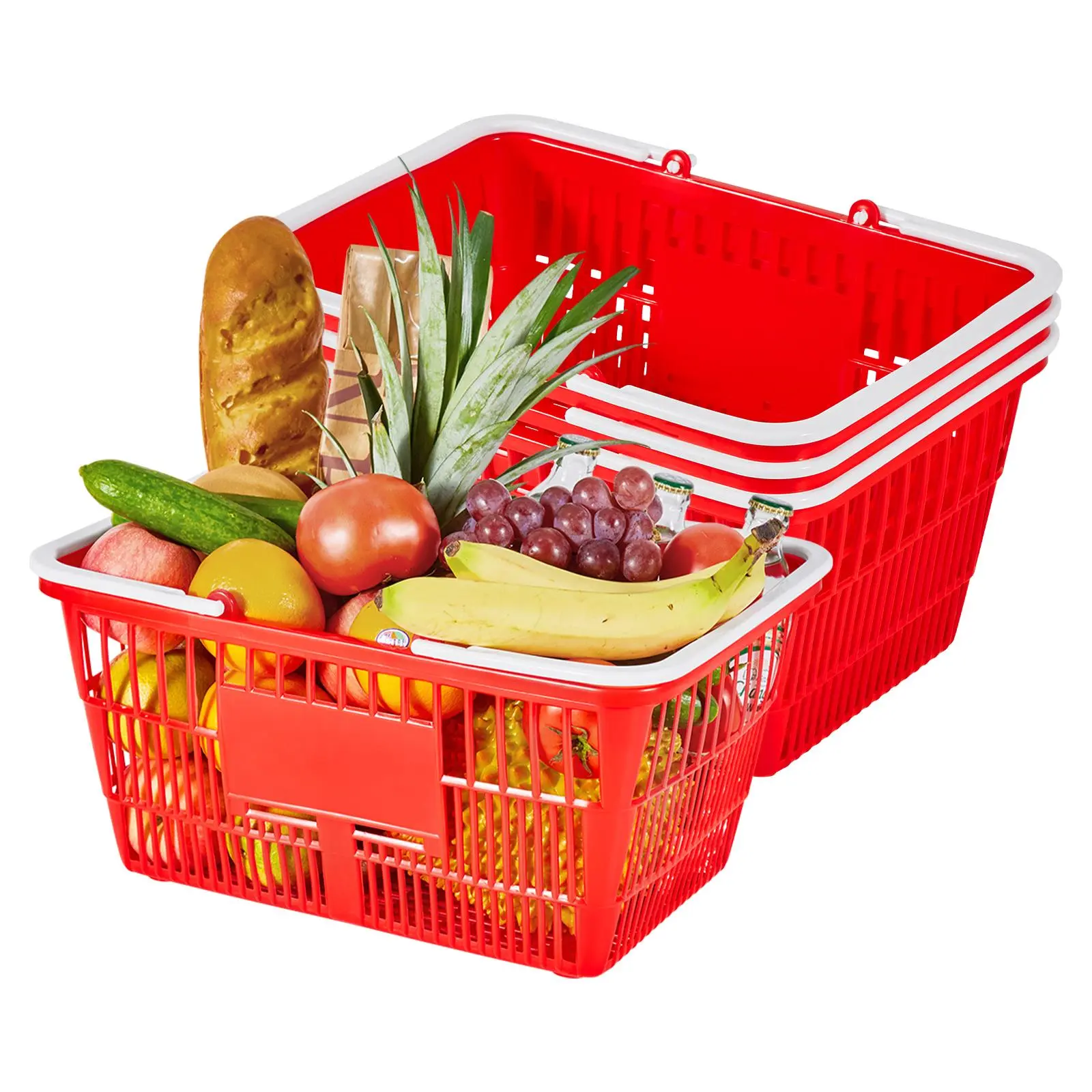 【SummerFinds】VEVOR Shopping Baskets, 4 PCS, 21L Stackable PE Plastic Grocery Baskets with Handles, Dense Mesh Structure, Holds up to 20 lbs, Portable for Grocery, Retail, Stores, Supermarket, Home Use, Red