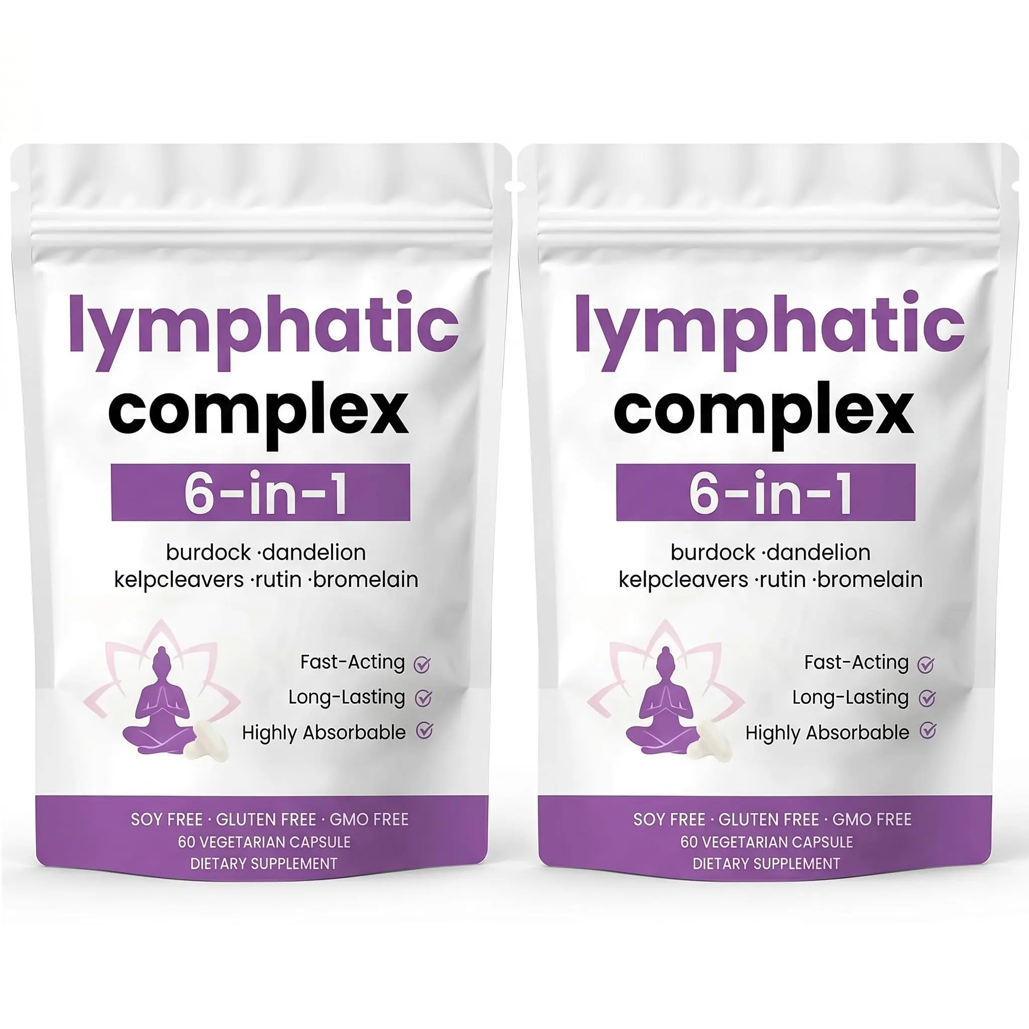 6-in-1 Lymphatic Complex Dietary Supplement (2 Packs) - Natural Lymphatic Drainage Healthcare Capsules with Burdock, Dandelion, Kelp, Cleavers, Rutin, Bromelain for Bloating Reduction