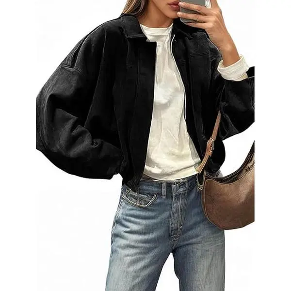 Cicy Bell Womens Faux Suede Bomber Jacket Oversized Cropped Zip Up Lapel Coats Fall Casual Outerwear Long Sleeve Basic Black Fitted Minimalist Style