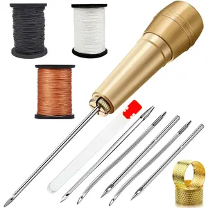 Leather Sewing Kit DIY Leather Sewing Awl Needle with Copper Handle Set Leather Canvas Tent Shoes Repairing Tool 3 Color Thread