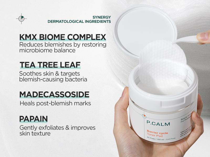 [P.CALM Official] Barrier Cycle Toner Pad – 60 Pads with Centella Asiatica & Papaya Extract for Soothing, Moisturizing & Exfoliating, Korean Vegan Facial Toners Pads for Sensitive Skin (160ml / 5.41 fl.oz)