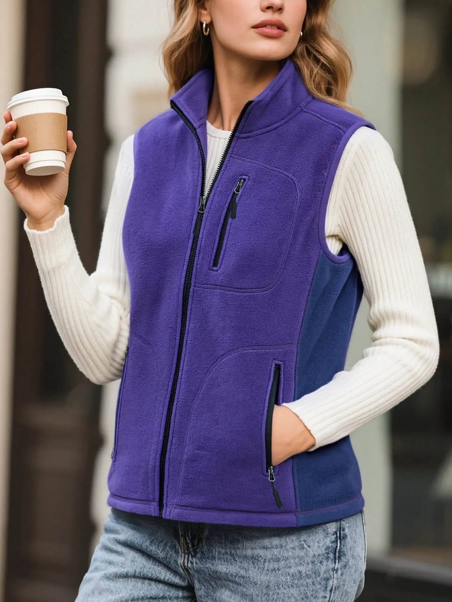 Women's Fitted Full-Zip Stand Collar Polar Fleece Vest - Sleeveless, Windproof Tops with Multiple Zipper Pockets, Casual Layering Waistcoat for Fall Winter Daily Walking Outdoor Outfits