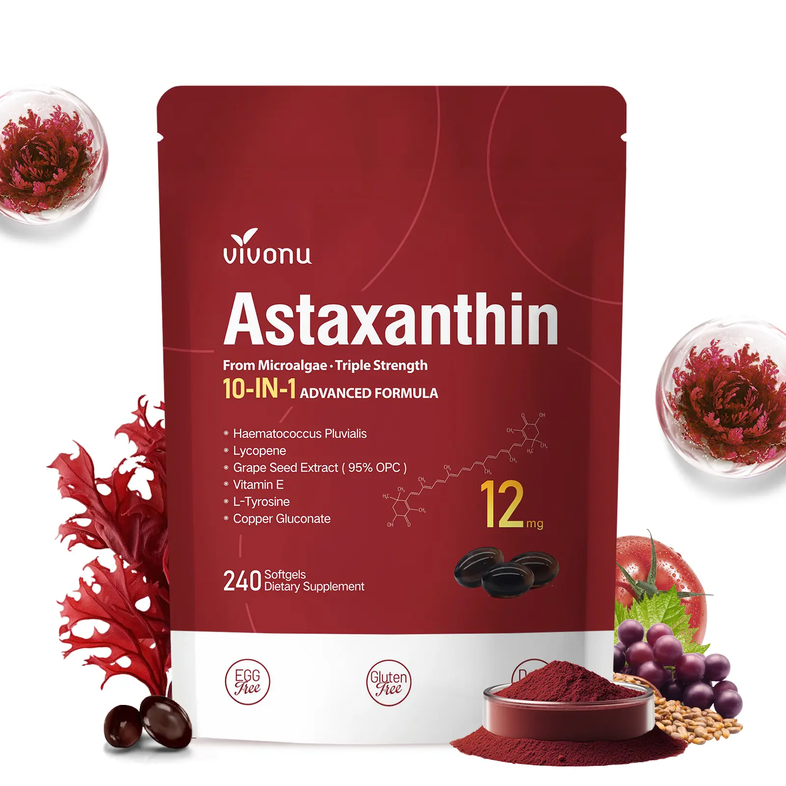 VIVONU Astaxanthin Capsules | 12mg Astaxanthin + Haematococcus Pluvialis + Grape Seed Extract + Tomato Extract + L-Tyrosine + Vitamin E + Copper Gluconate | Skin Support | Antioxidant Protection | Eye & Metabolism Support | 240 Capsules