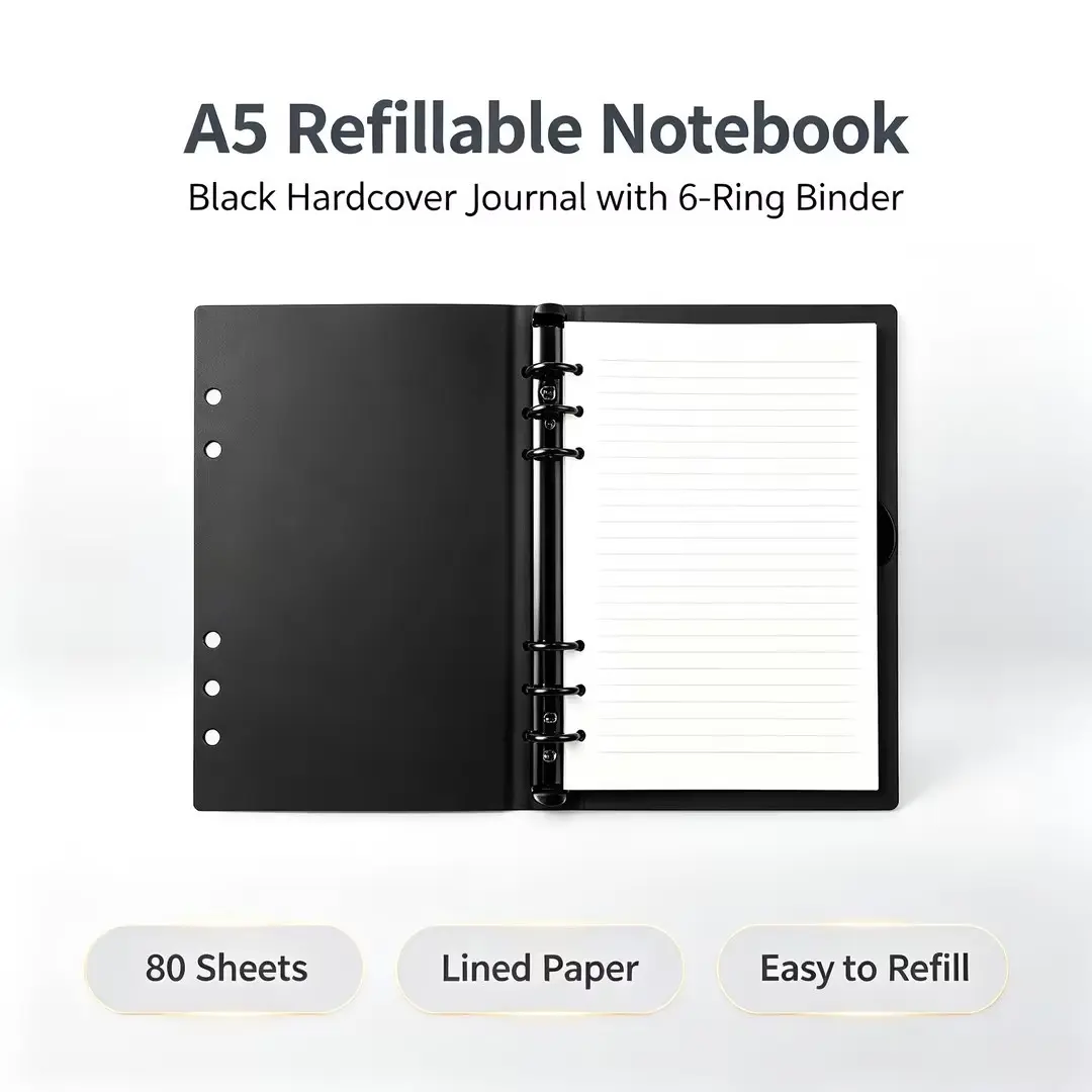 [School Prep Must-Have] A5 Black Leather Refillable Binder Journal, Minimalist PU Cover Planner with Black Paper Pages, Writing Notebook for Notes & Organization