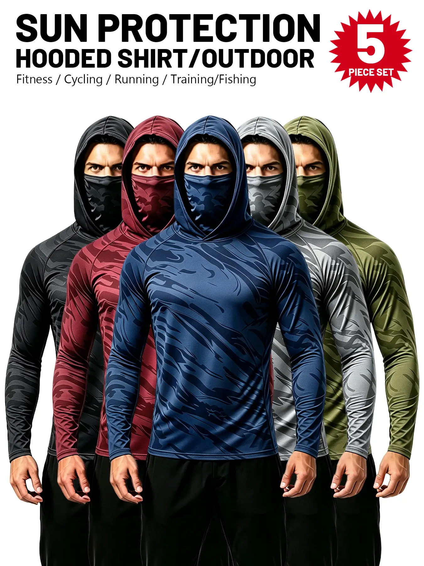 5 Pack Men Sun Protection Hooded Shirt with Built-in Mask, Quick Dry UPF 50+ Camo Long Sleeve Compression Shirts, Breathable Stretch Athletic Running Fishing Cycling Tops