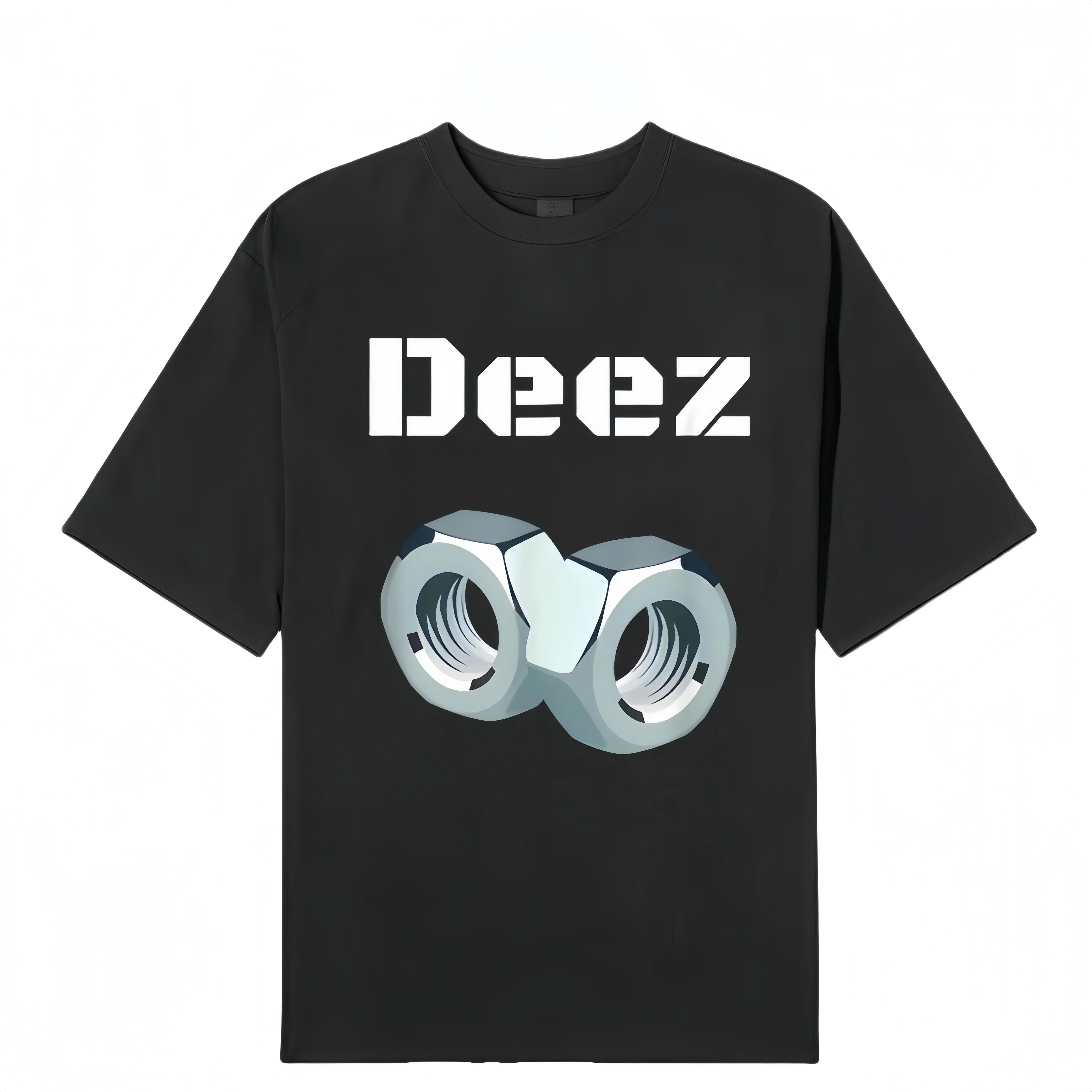 Black trendy T-shirt "Deez" with three-dimensional nut print, functional loose short-sleeved unisex style deez nut Casual Street Fashion Crewneck