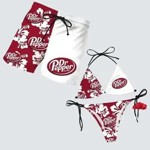 Matching Dr Pepper Floral Swimsuits for Couples Swim Bra Tie Side Thong Bikini + Men's Beach Shorts, Summer Vacation Swimsuit, Hawaiian Shirt Style, Aloha Beach Outfit, Casual Holiday Bathing Suits, Menswear & Womenswear