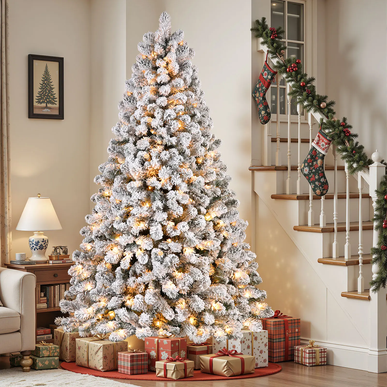 SHareconn 2026 Pre-lit Warm Lights Snow Flocked Artificial Christmas Tree - 4/5/6/7.5/8/9FT, Dense Metal-PVC Branches, Deluxe Design, Ideal Holiday, Festive, Party Decoration, Christmas Decorations