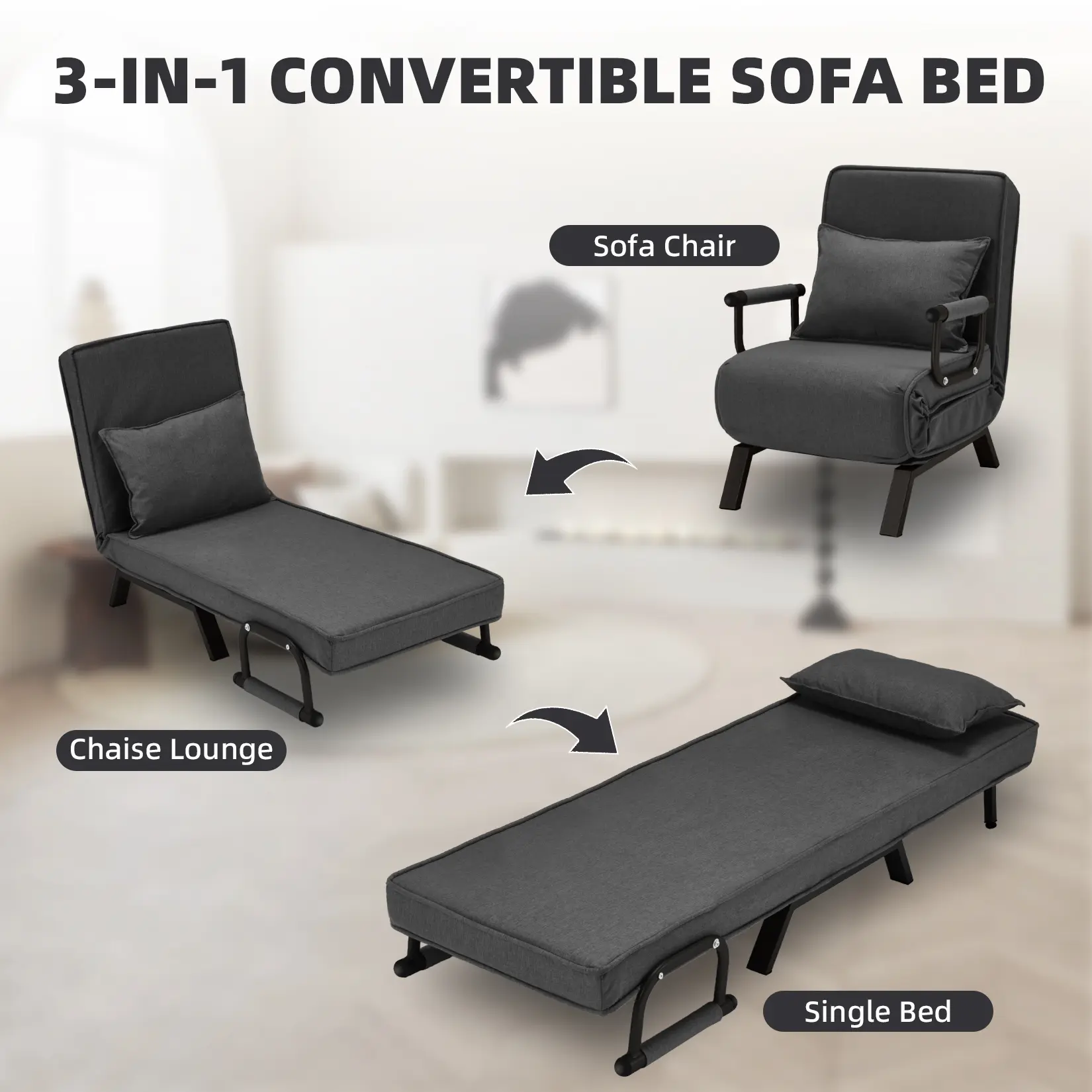 Convertible Sofa Bed, Multi-Function Folding Sleeper Chair, Single Convertible Sleeper Sofa with Pillow, Lazy Bed Leisure Recliner, Adjustable Backrest Single Bed for Small Spaces, Apartment, Office, Living Room Chaise Lounge