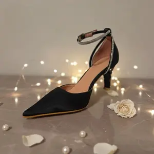 Black Satin Pointed-Toe Rhinestone Ankle Strap Pumps High Heels