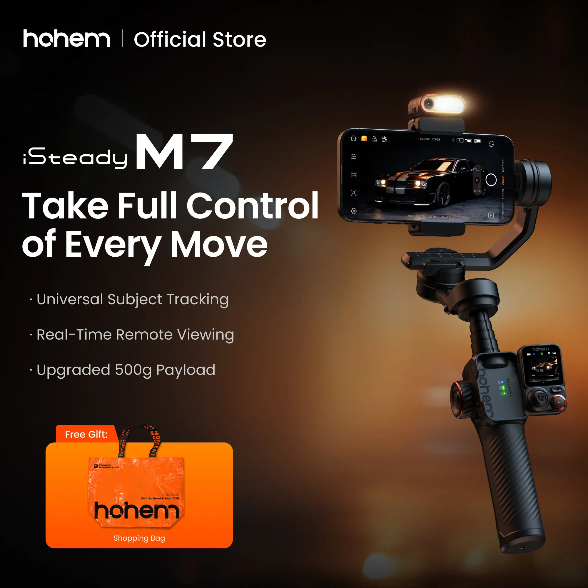 Hohem iSteady M7 AI Tracking 3-Axis Camera Gimbal Stabilizer for Cellphone, Mobile Videography Equipment, iPhone & Android, 1/4-inch Color Touchscreen, Magnetic Fill Light, Detachable Remote, 500g Max Payload, 2023 Upgraded Accessories, Father's Day Gift,